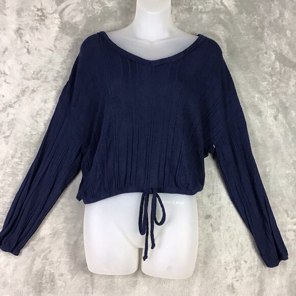 White Willow Women’s Navy Ribbed Long Sleeve Cropped Top Drawstring Hem Sz M - Picture 2 of 13